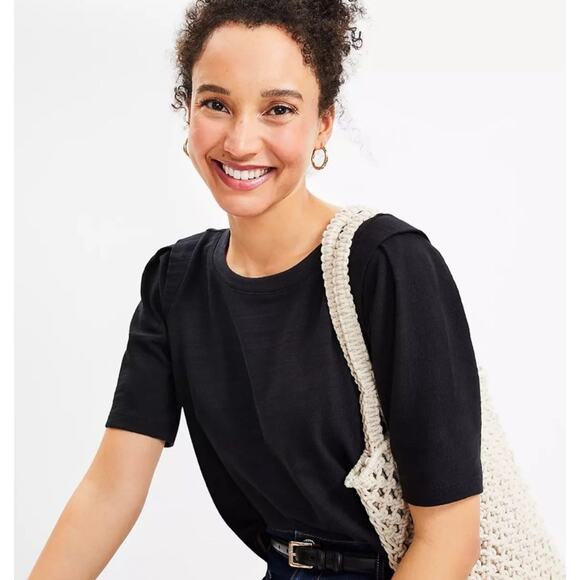 LOFT Sam Slub Petal Sleeve Tee Petite Medium Black - Picture 2 of 8
